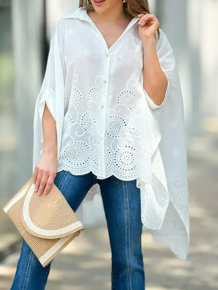 Yeezzi White High-Low Hollow Out Lapel Blouses For Women 2024 New Spring Half Sleeves Fashion Urban Casual Commute Shirts Tops