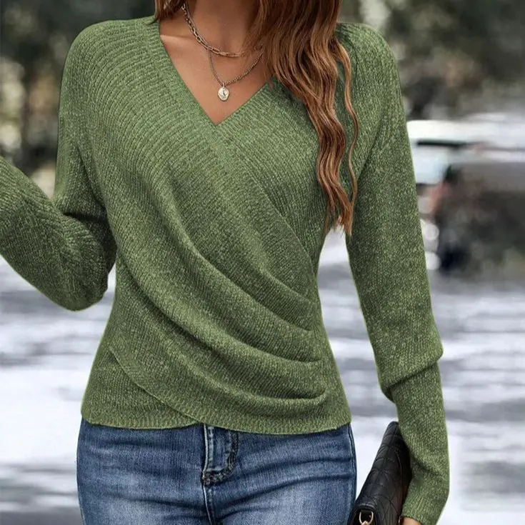 

2025 New V-neck Long-sleeved Cross Solid Color Knitted Sweater