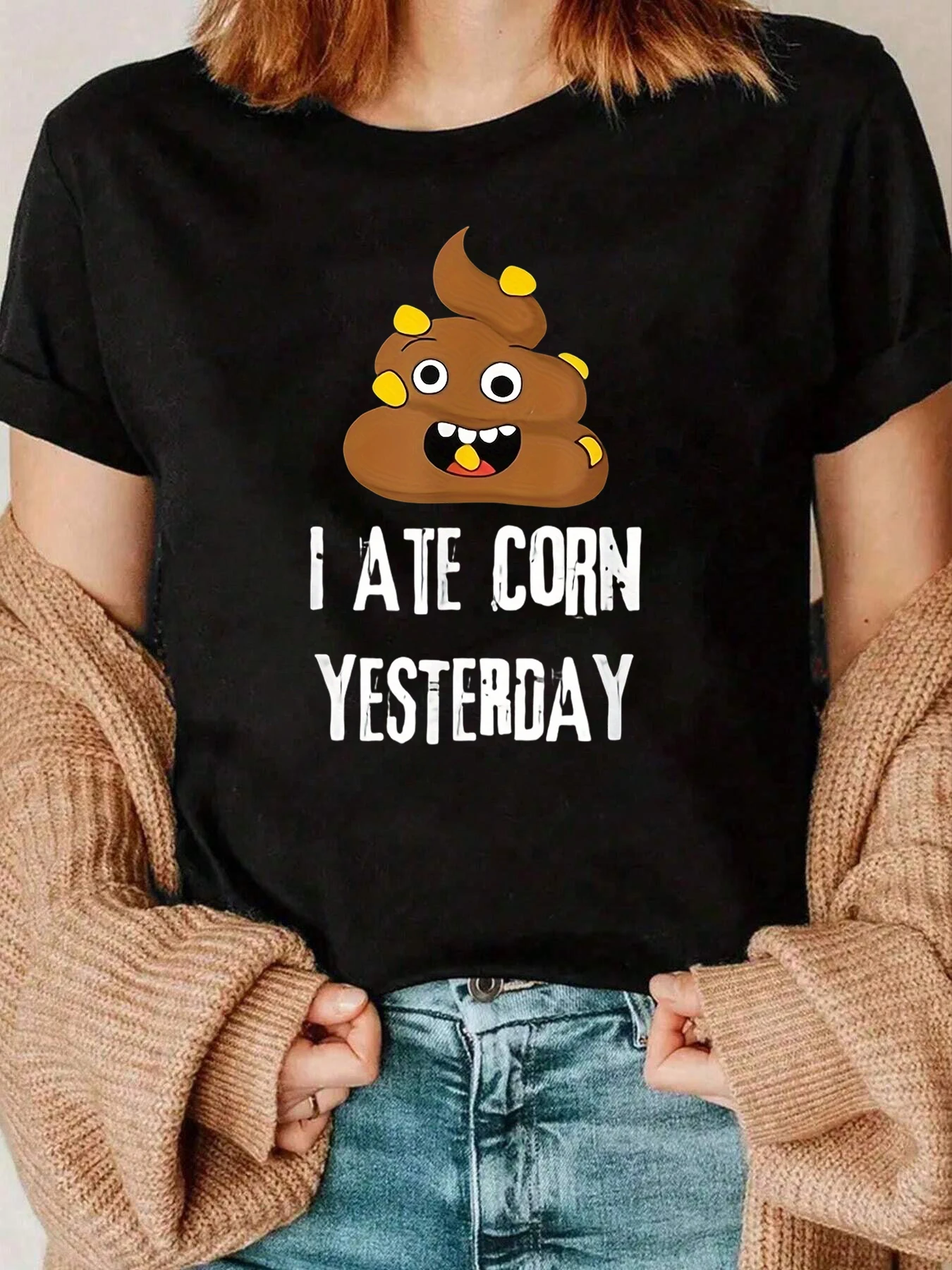 Poo Emoji comí maíz ayer estampado camiseta Halloween divertido ropa Casual mujeres 220g