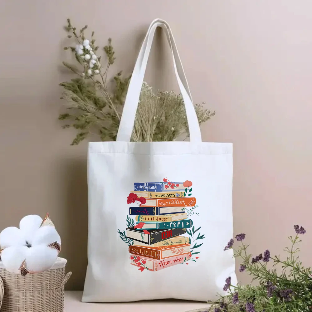 Book Stack Print Canvas Tote Bag, Large Capacity Shoulder Bag, Literary Dragon Pattern Commuter Handbag Bags for Women