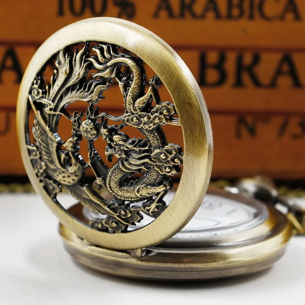 Vintage Hollow Dragon Quartz Pocket Watch Fashion Charm Silver Bag Man Woman Watch Necklace Pendant With Chain Gift