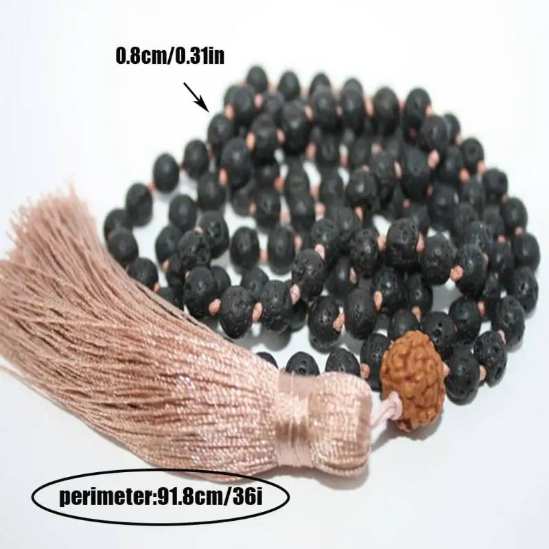 Natural Lava Rock 108 Beads Mala Necklace with Rudraksha Accent & Beige Tassel Spiritual Aromatherapy Jewelry view 2