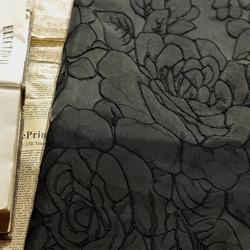 Black Embossed Large Flower Yarn Dyed Jacquard Fabric Spring Summer Luggage Bag Skirt Dress Making Fabric 50cmx140cm