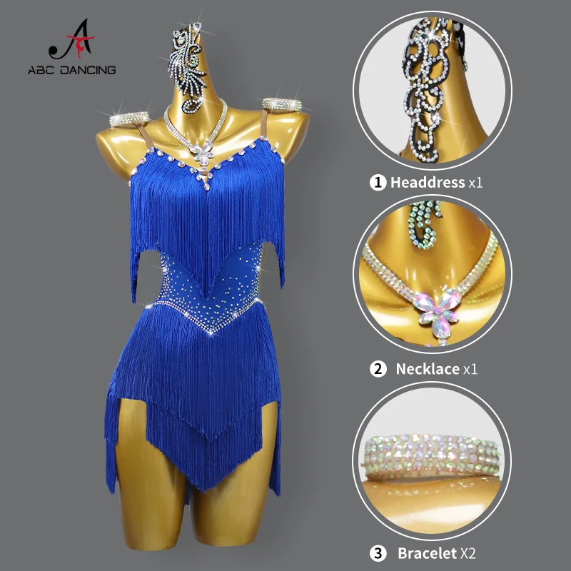 2024 New Latin Performance Dance Dress Women Sexy Outdoor Ball Party Fringe Skirt Sports Practice Wear Blue Line Suit Customized