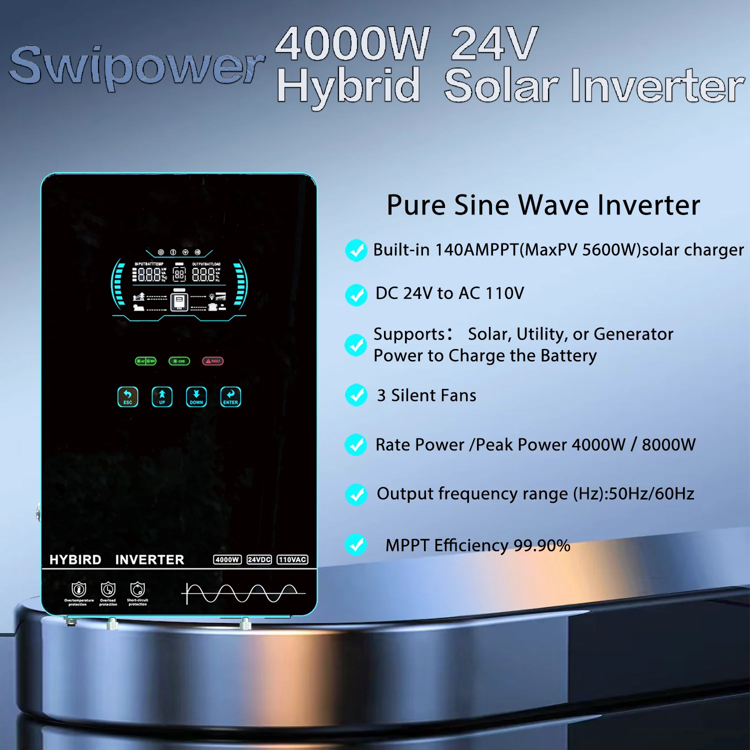 CNswipower 4000 واط الهجين موجة جيبية نقية عاكس الطاقة مع 140A MPPT شاحن بالطاقة الشمسية تيار مستمر 24 فولت إلى التيار المتناوب 110 فولت 60 هرتز محول للطاقة الشمسية