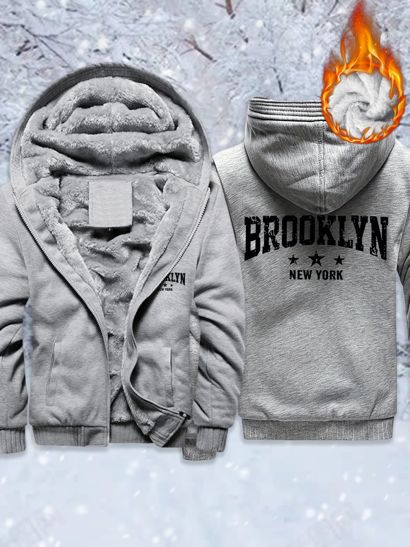 

Brooklyn New York Letter Pattern Man Zip-Up Fleece Jackets Soft Comfy Tops Winter Thicken Outwear Basics Veste Loose Clothing