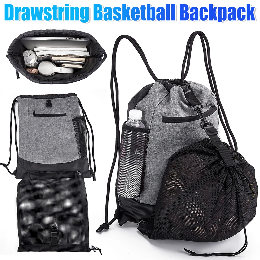 กระเป๋าเป้สะพายหลังบาสเก็ตบอลแบบมีเชือกรูดกระเป๋าเป้สะพายหลังฟุตบอลแบบพับได้ผู้หญิงกระเป๋าโยคะกระเป๋าออกกำลังกายพร้อมถุงตาข่ายที่ถอดออกได้สำหรับกีฬากลางแจ้ง