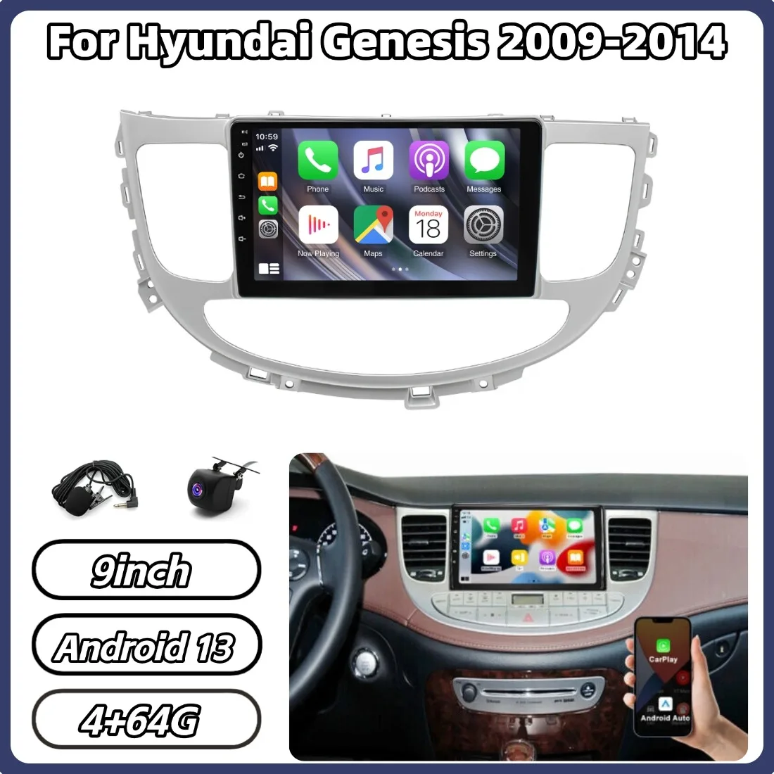 9In 4+64GB Car Android 13 Car Stereo Radio GPS Navi For Carplay For Hyundai Genesis 2009-14 GPS Navigation Bluetooth Parts
