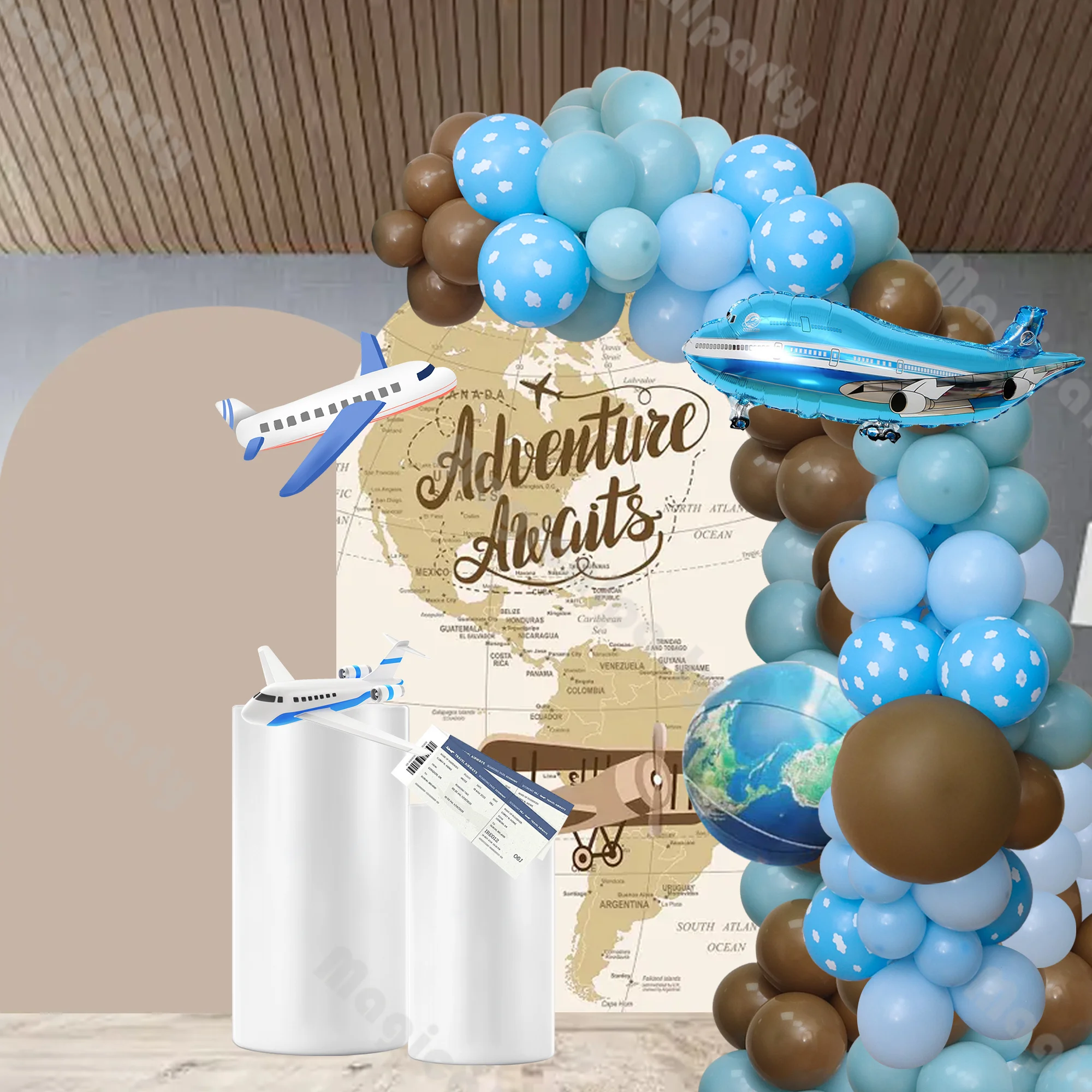 

103pcs Kids Birthday Gift Traveling Flying Party Decoration Blue Pcs Caramel Balloon Arch Set with Earth and Airplane Balloons