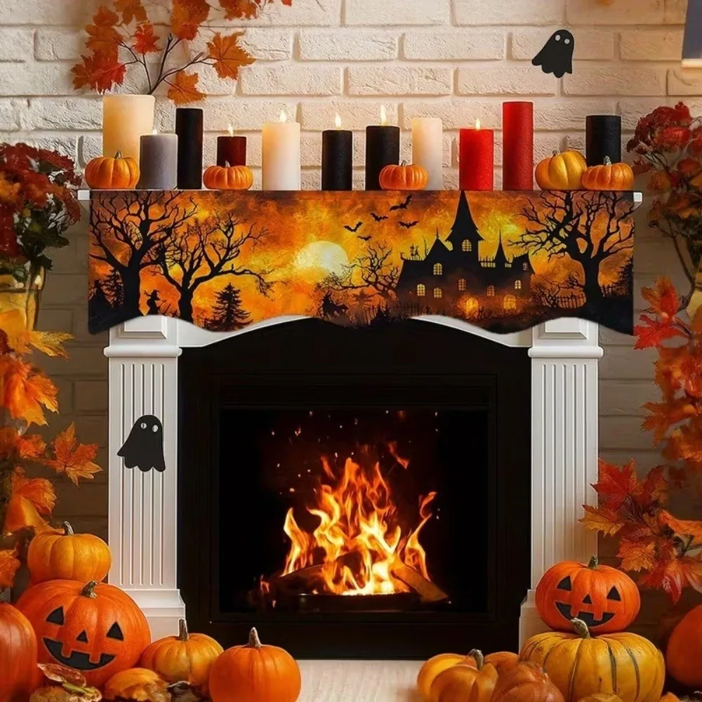 Scalloped Edge Halloween Mantel Scarf Country-Style Haunted House Spooky Fireplace Topper Cute Ghost Pumpkin Theme
