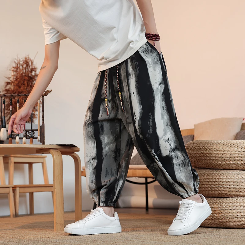 

Мужские широкие брюки с высокой талией, мужские летние тонкие повседневные брюки на шнуровке в китайском стиле, универсальные уличные брюки с принтом