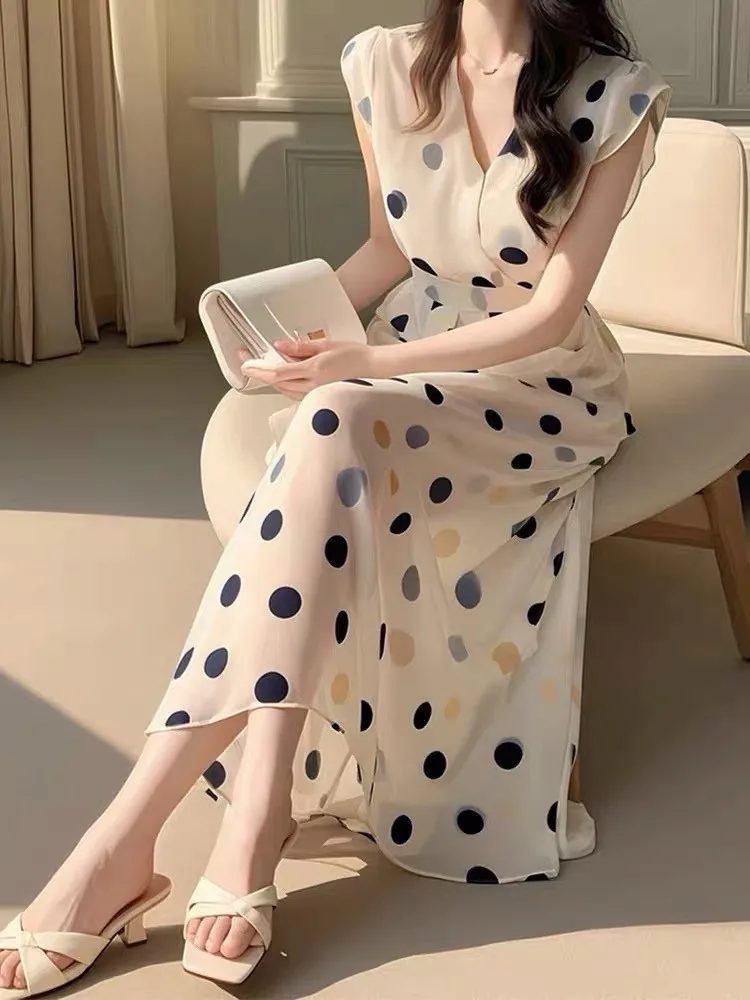 Fashion New Women Vintage Polka Dot Midi Dress Sleeveless Casual A-Line Party Prom Chic Vestidos Female Elegant Long Robe Mujers