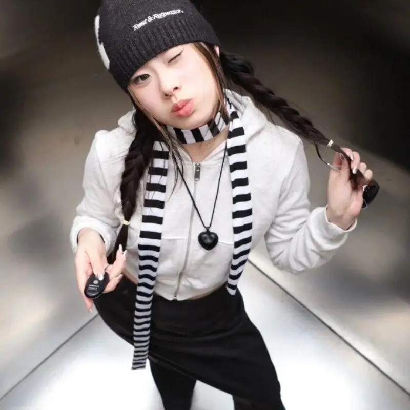 

180cm Thin Neckerchief Harajuku Retro Striped Neck Scarf Women Long Scarves Y2k Streetwear Decorative Scarf Black Grey Stripe