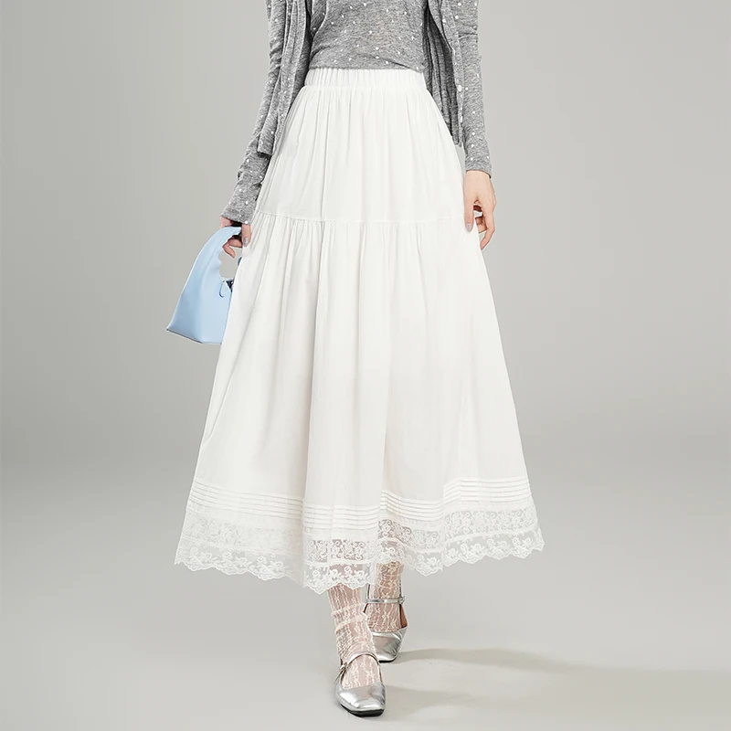 

Белая юбка А-силуэта с кружевной отделкой, женская, с завышенной талией, облегающая, длинная, весна 2025, новая, со встроенным слоем под юбку