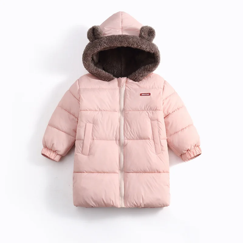 Kids Winter Mid-Length Cotton Jacket Fleece Lining Boy Girls Hooded Cute Ear Warm Coat Soft Baby Windproof Casual Wear Children