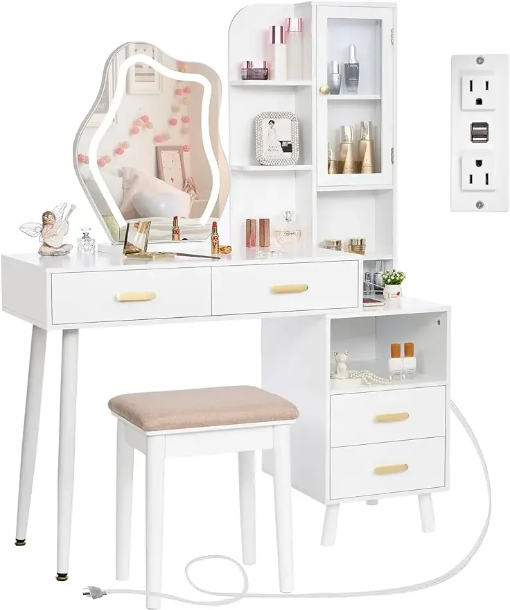 Makeup Vanity Desk Vanity Set with Lighted Mirror Power Outlet Makeup Vanity Table Set with Charging Station Nightstand