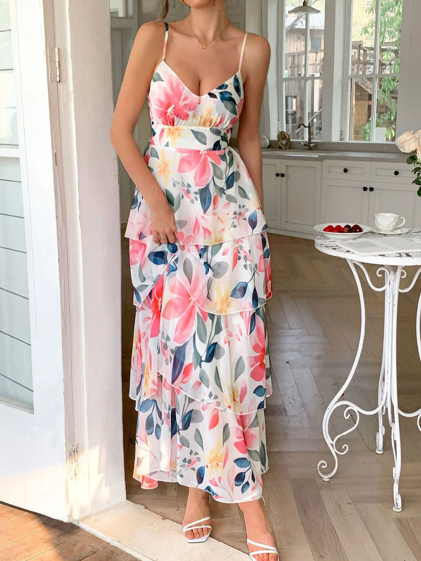

Women's Dress Elegant Temperament Suspender Print Layered Dress Romantic Countryside Style Retro Printed Elegant Dress