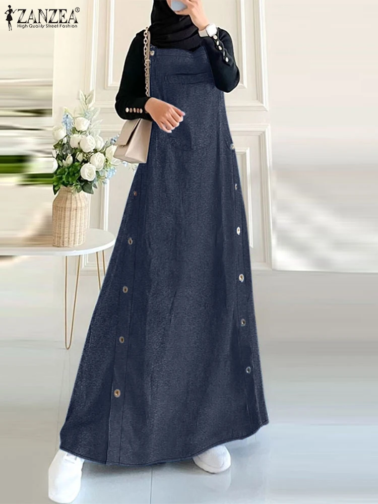 ZANZEA Vintage Women Spaghetti Strap Overalls Dresses Fashion Denim Blue Muslim Dress Casual Abaya Ramadan Turkey Sundress Robe