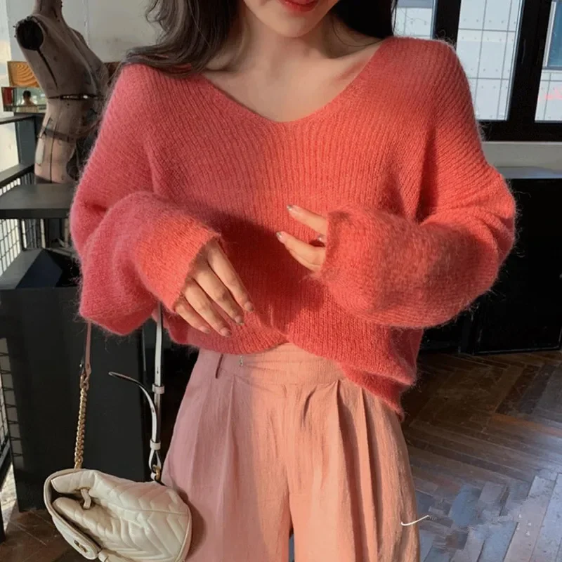 Women Fuzzy Thin Sweaters Cute V Neck Loose Short Knitted Top Summer Fashion Sheer Sunscreen Shirt Pullover Sweet Yellow Jumpers