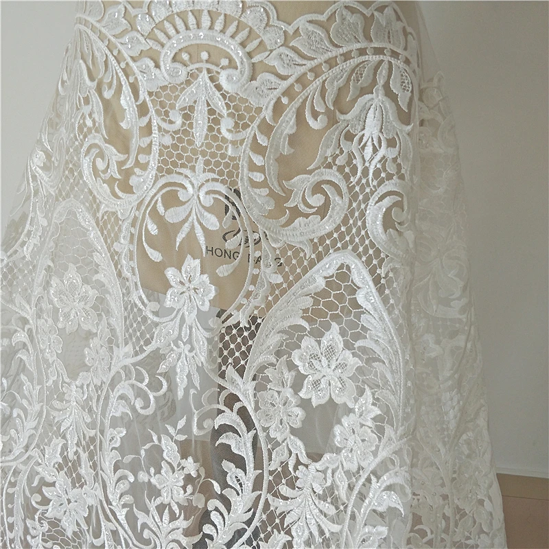 High-End Sequins Fabric for Wedding Dress Making, European and American Mesh Embroidery Luxury Fabric