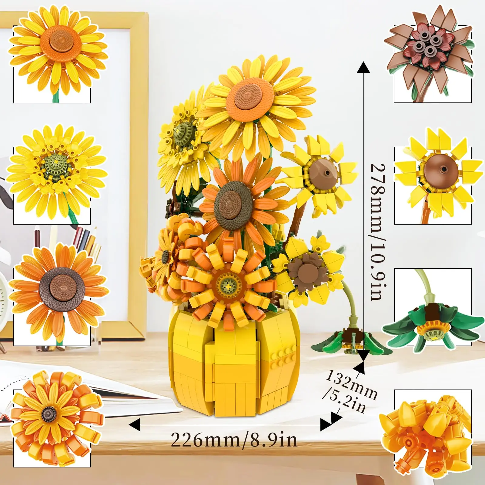 1009pcs Sunflower Building Blocks ดอกไม้แจกันชุดอิฐชุดไอเดียตกแต่งบ้านของเล่นเพื่อการศึกษาเด็กวันหยุดของขวัญ