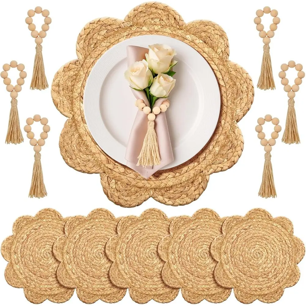 

Тканые ротанговые салфетки 13,8 с деревянными бусинами, коврики для стола с зубчатыми краями, плетеные соломенные зарядные устройства в стиле бохо для столовой и вечеринок D