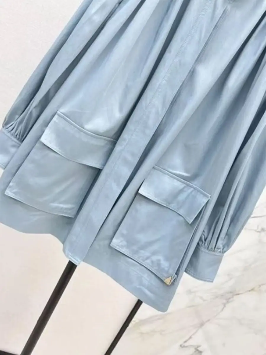 GALCAUR Blauw Gesplitste Plooien Basics Jas Vrouwelijke Revers Lange Mouw Losse Ontwerp Kantoor Dame Damesjassen Mode Herfst Nieuwe