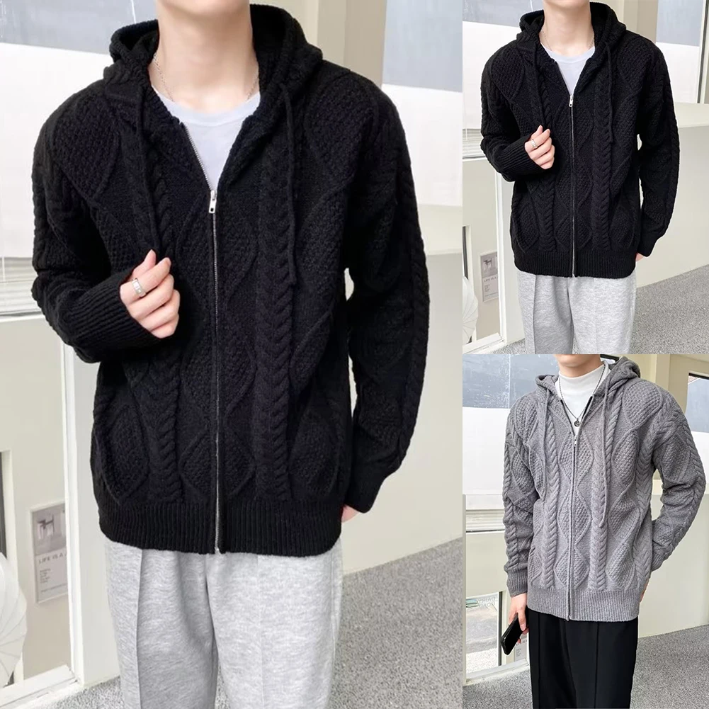 

Men Knitted Jacquard Hooded Cardigan Lazy Style Loose Winter Long Sleeve Sweater Hooded Open Front Knitwear Sweater Coat