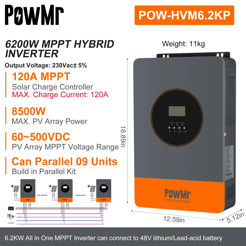 PowMr 6.2KW عاكس شمسي هجين 48 فولت إلى 220 فولت 380 فولت موجة جيبية نقية مدمجة في 120A جهاز تحكم يعمل بالطاقة الشمسية PV 500VDC يمكن موازي 12 وحدة