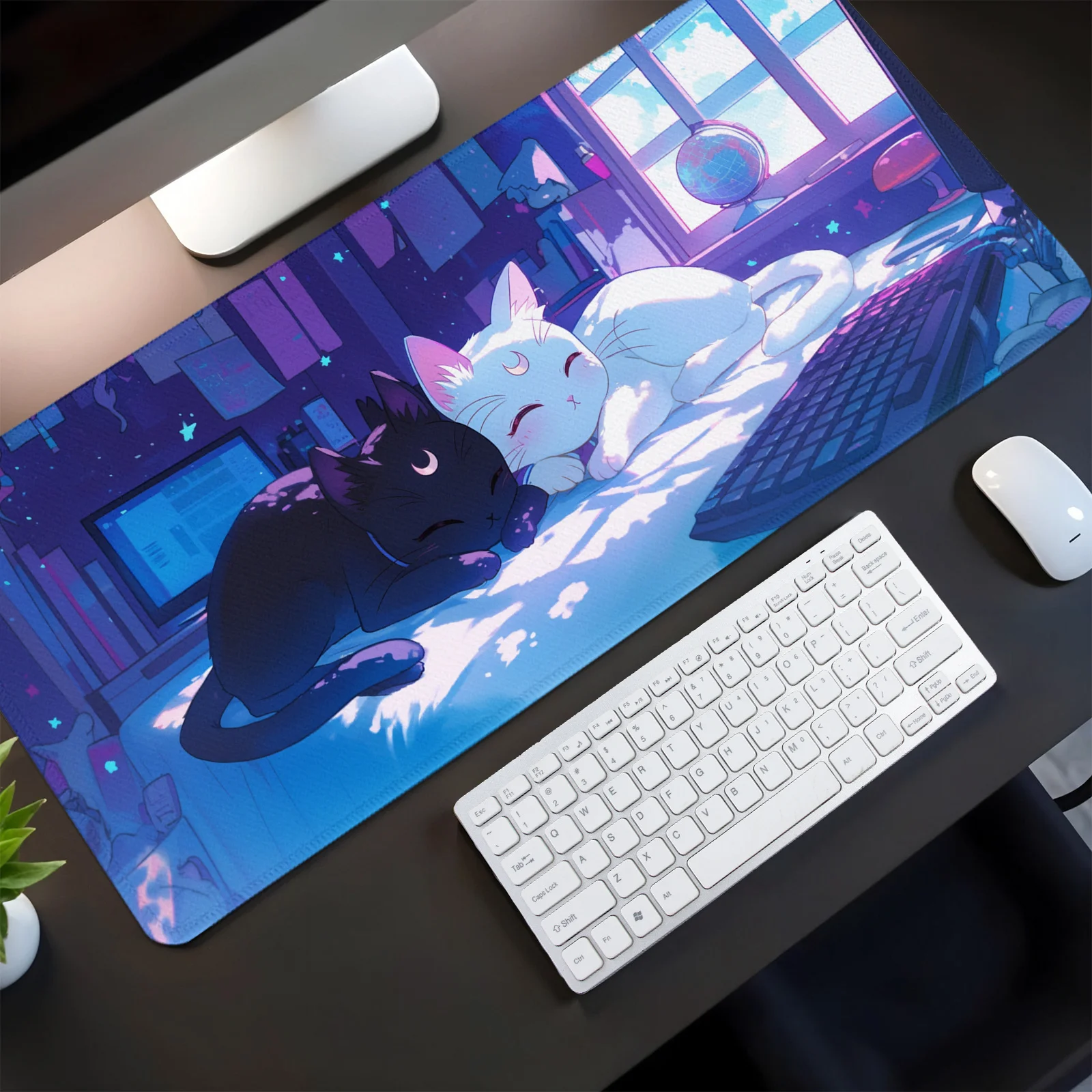 

Mouse Pad Two Cats Resting Quietly in The Starry Sky Beside The Computer Desk Mat Desktop Accessories Gamer Setup Decoration