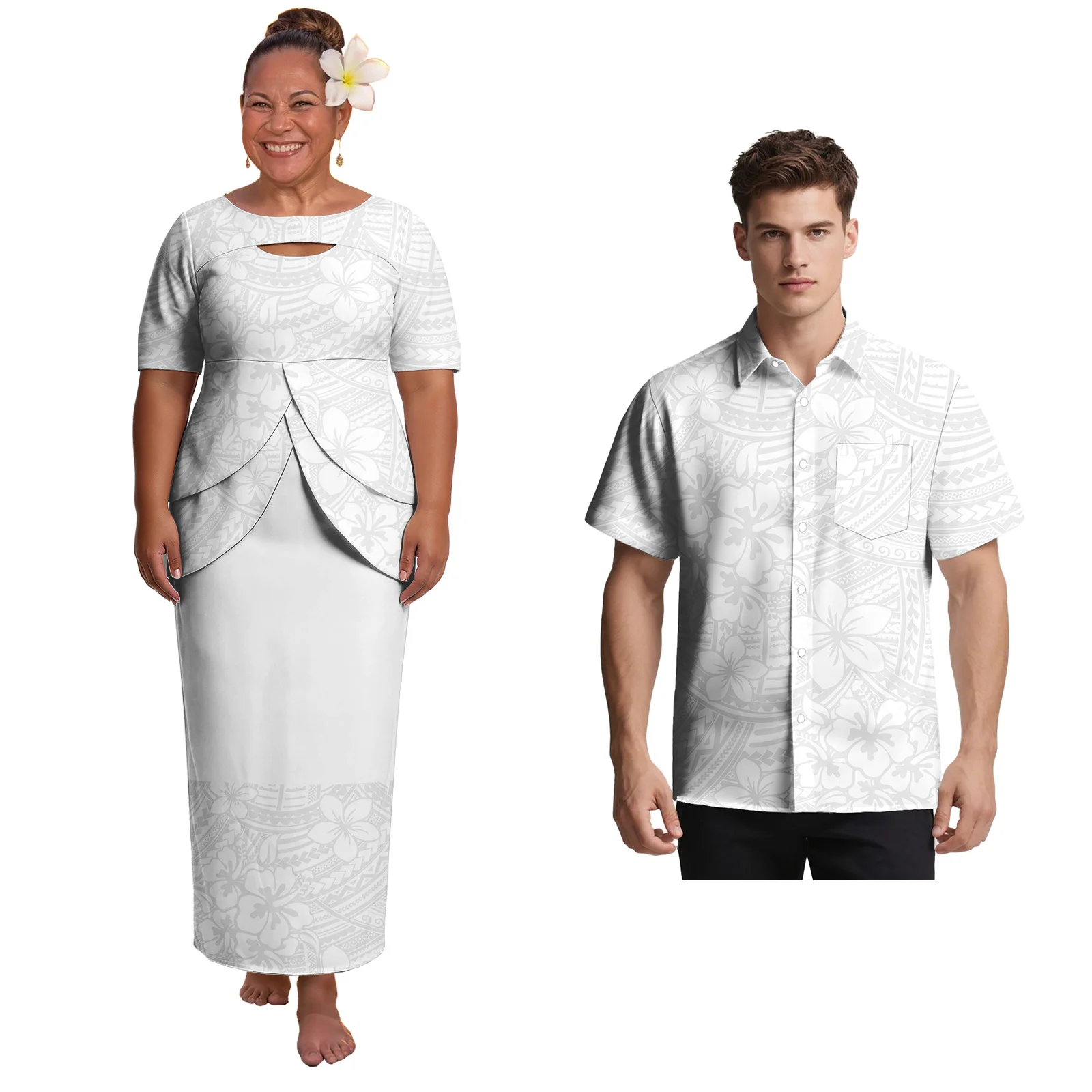 Conjunto de Casal Tribal: Puletasi Branco com Decote Recortado para Mulheres Samoanas e Camisa Casual Branca Havaiana para Homens Polinésios - Traje de Casal para Domingo