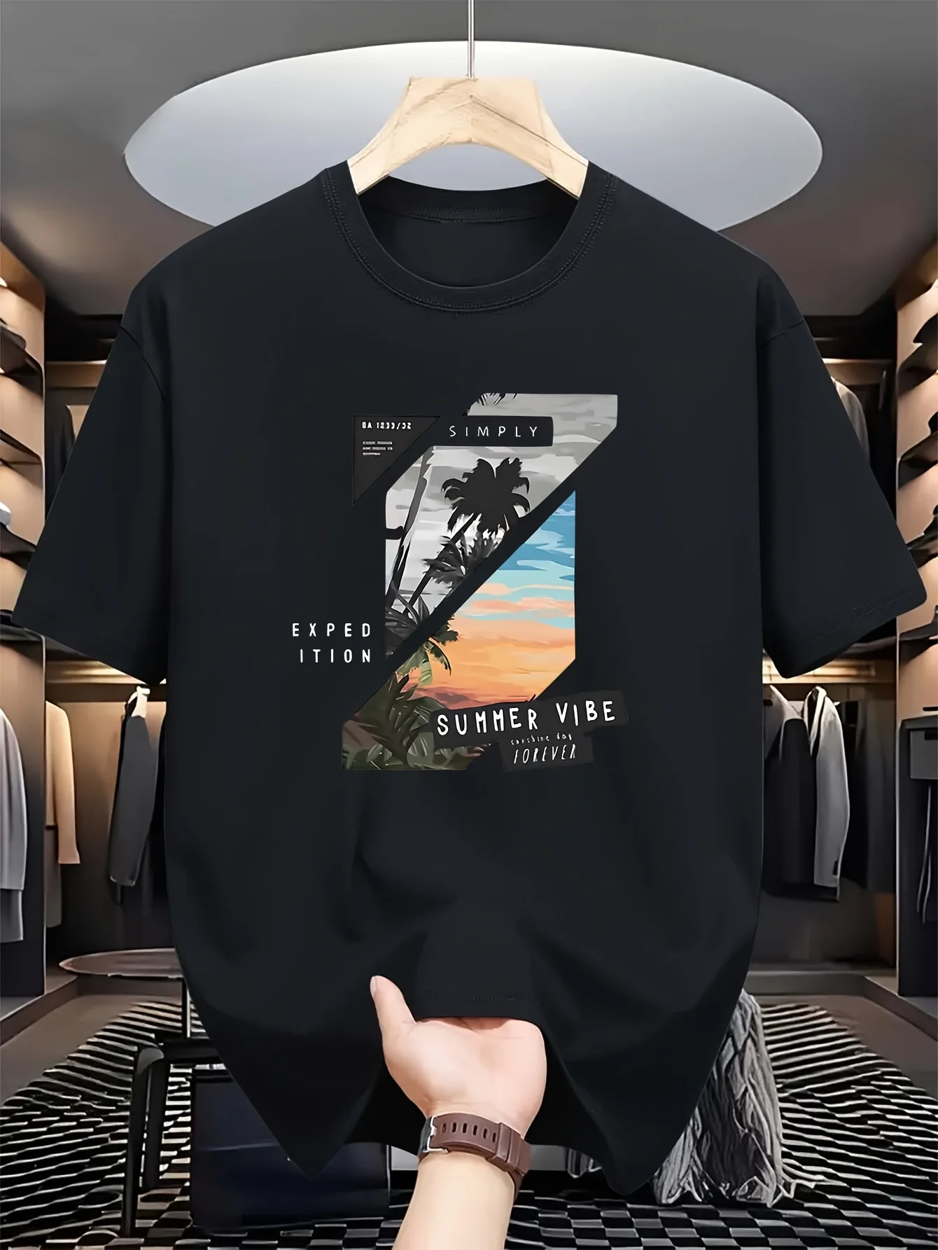Geometric Summer Vibe Palm Tree Sunset Print on Premium Soft 100% Cotton Mens T Shirt Perfect for Summer Casual Streetwear Style