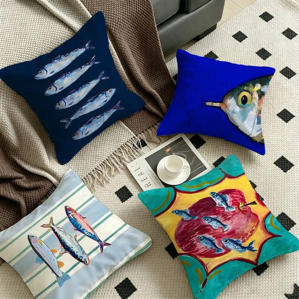 Colorful Sardine Lobster Fish Ocean Pillow Cushion Cover Pillowcase Living Room Sofa Home Decor Customized