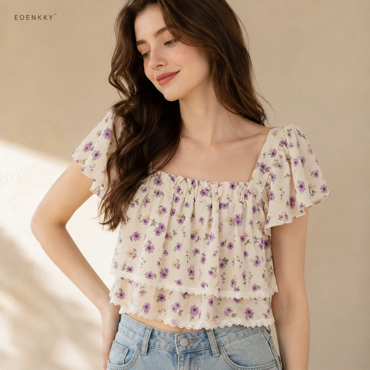 EOENKKY Women Floral Chiffon Crop Top Square Neck Flutter Sleeve Lace Trim Ruffle Summer Blouse