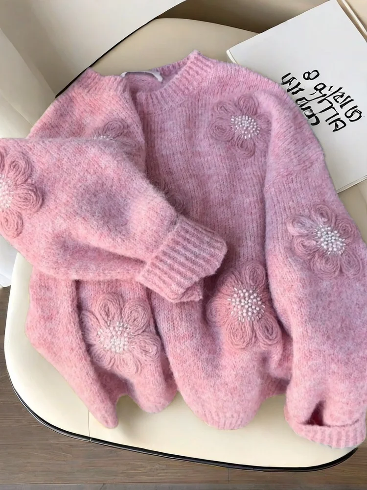 

Thi Heavy Work Beaded 3D Flower Sweater Women's Winter Outerwear Guangzhou Thirteenth Fac Lazy Sle Warm Knitted irt