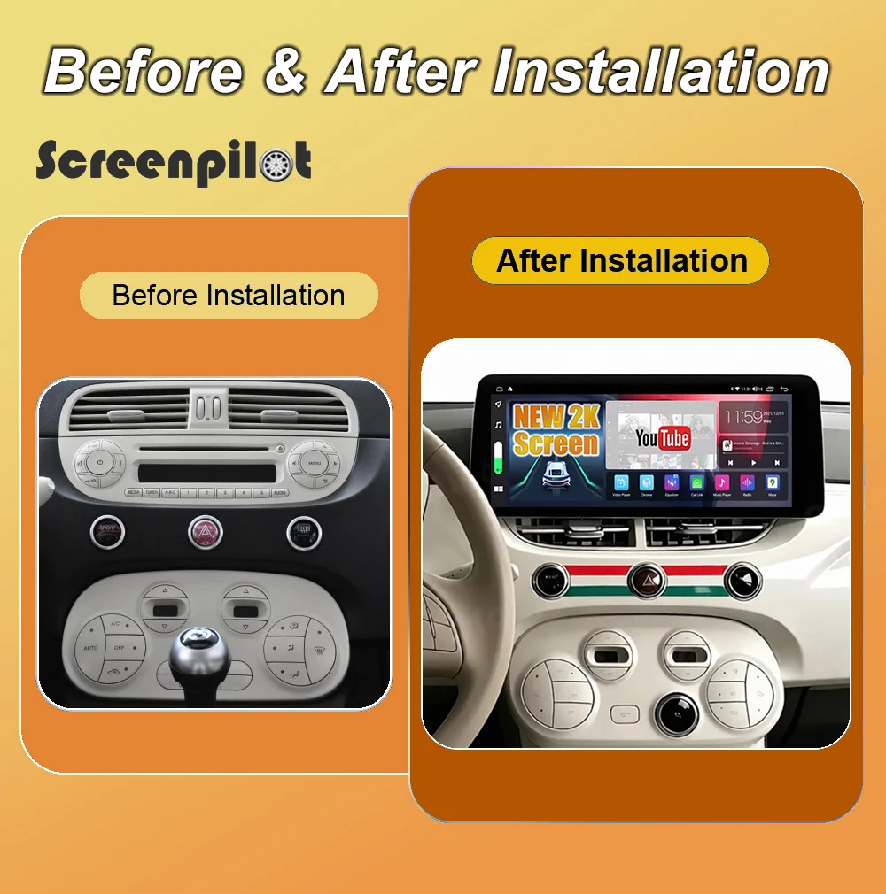 12.3 inch 8 Core Android 16 Carplay Car Radio For Fiat 500 2007-2014 Multimedia Video Player 2 Din GPS DVD Head Unit 2K QLED 4G