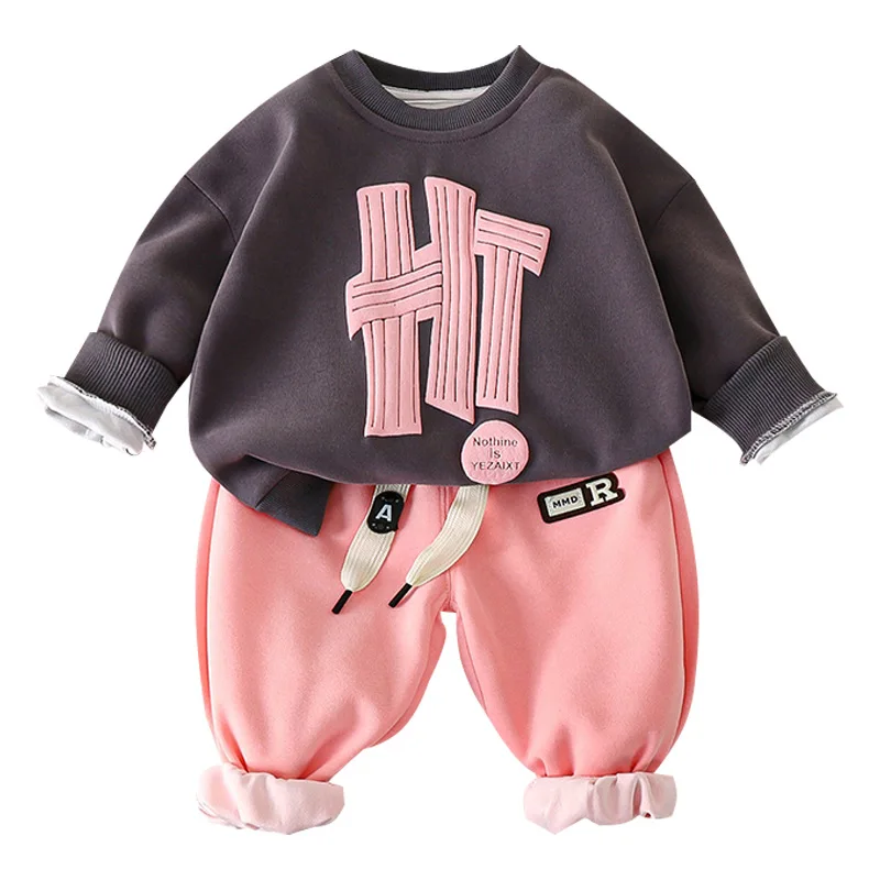 2024 Autumn Toddler Boys Two-piece Clothes Set Cotton Letter Patched Sweatshirt Tracksuits Sticker Sports Pant Baby Girl Outfits