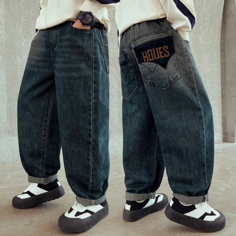 Loose Fit Boys Jeans Spring Autumn Style Korean Casual Long Trousers for Middle And Large Children Comfortable Soft Washed Denim