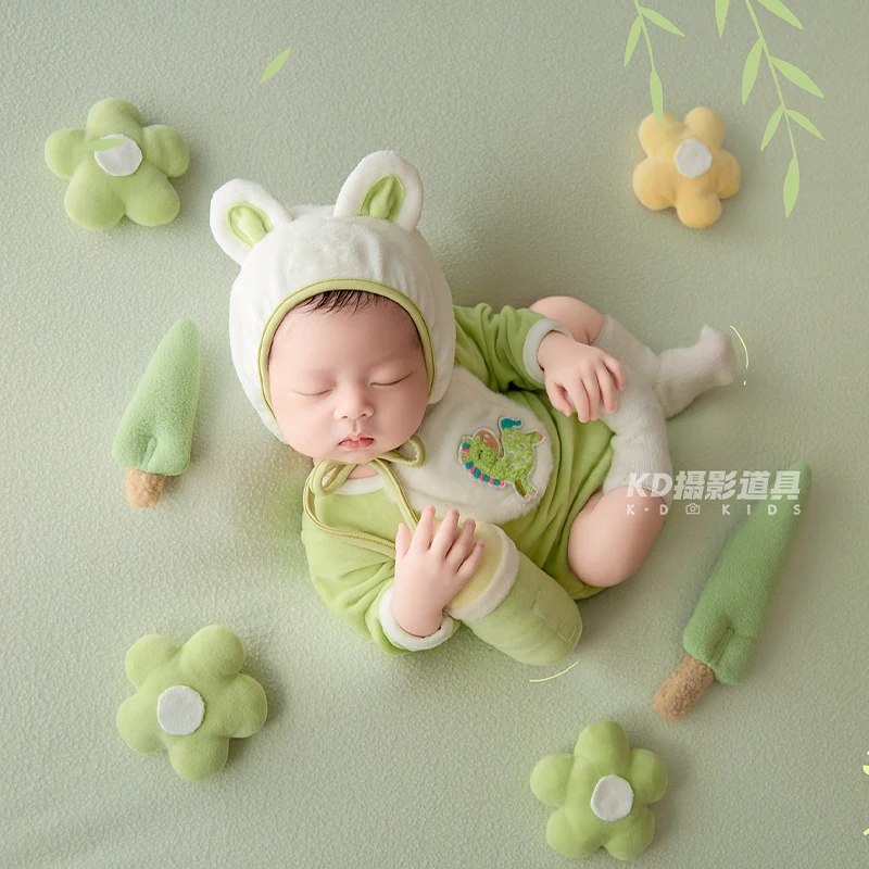 Green Bunny Newborn Photography Prop Plush Romper with Ear Hat, Milk Bottle & Flower Props, Infant Photo Shoot Costume for 0-1M