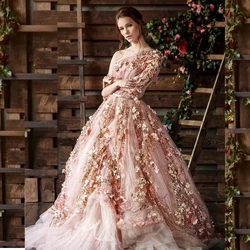 One Shoulder Long Sleeve Evening Dress Women Appliques Flowers Princess Beading Luxury Floor Length Tulle Fluffy Graduation