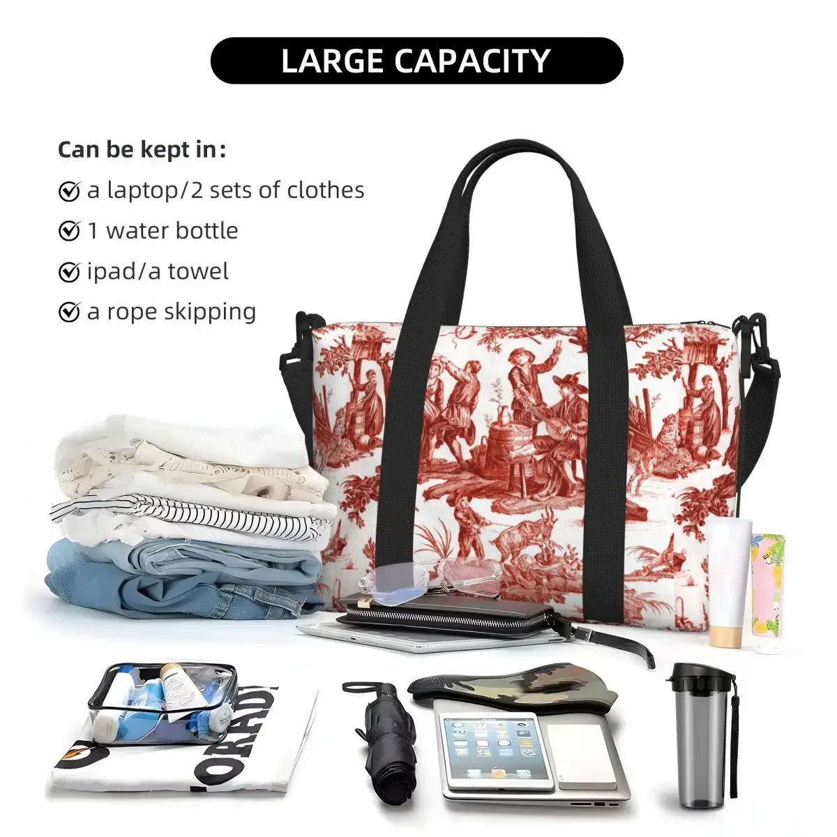 مخصص الأحمر والأبيض تويلي دي جوي البقالة حقيبة تسوق حقائب النساء سعة كبيرة الزخارف الفرنسية الأزهار شاطئ رياضة حقائب السفر