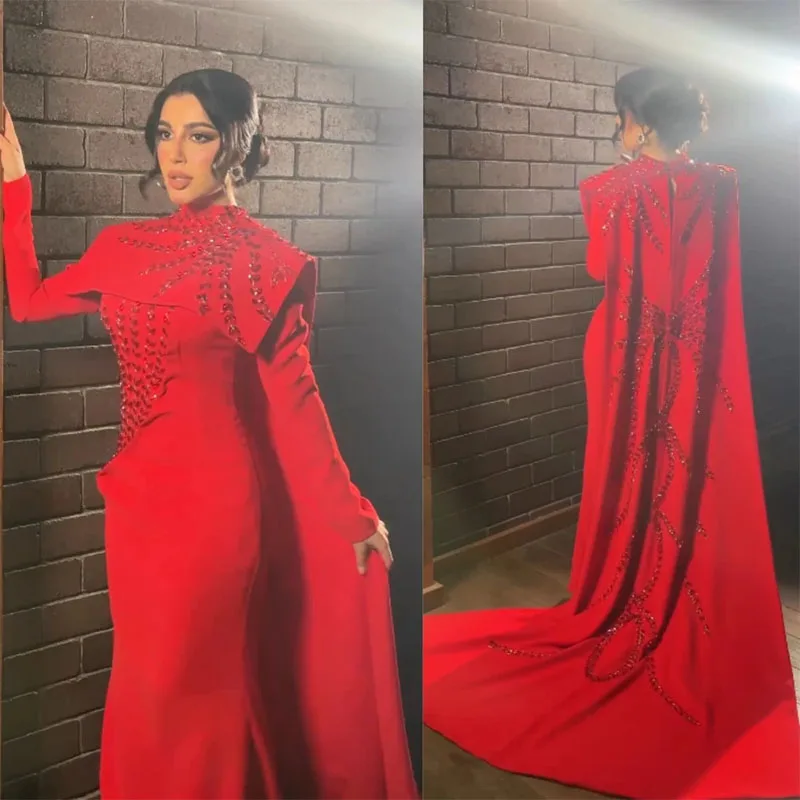 Luxury Red High Neck Evening Dress 2024 Saudi Arabia Long Dresses Prom Dress Pleat Beading Engagement Customize Dress