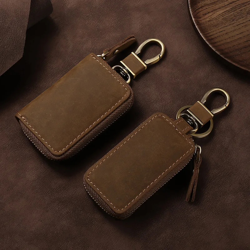 Crazy Horse Leather car key case, genuine leather retro smart folding key protector, waist-hung for both men and women