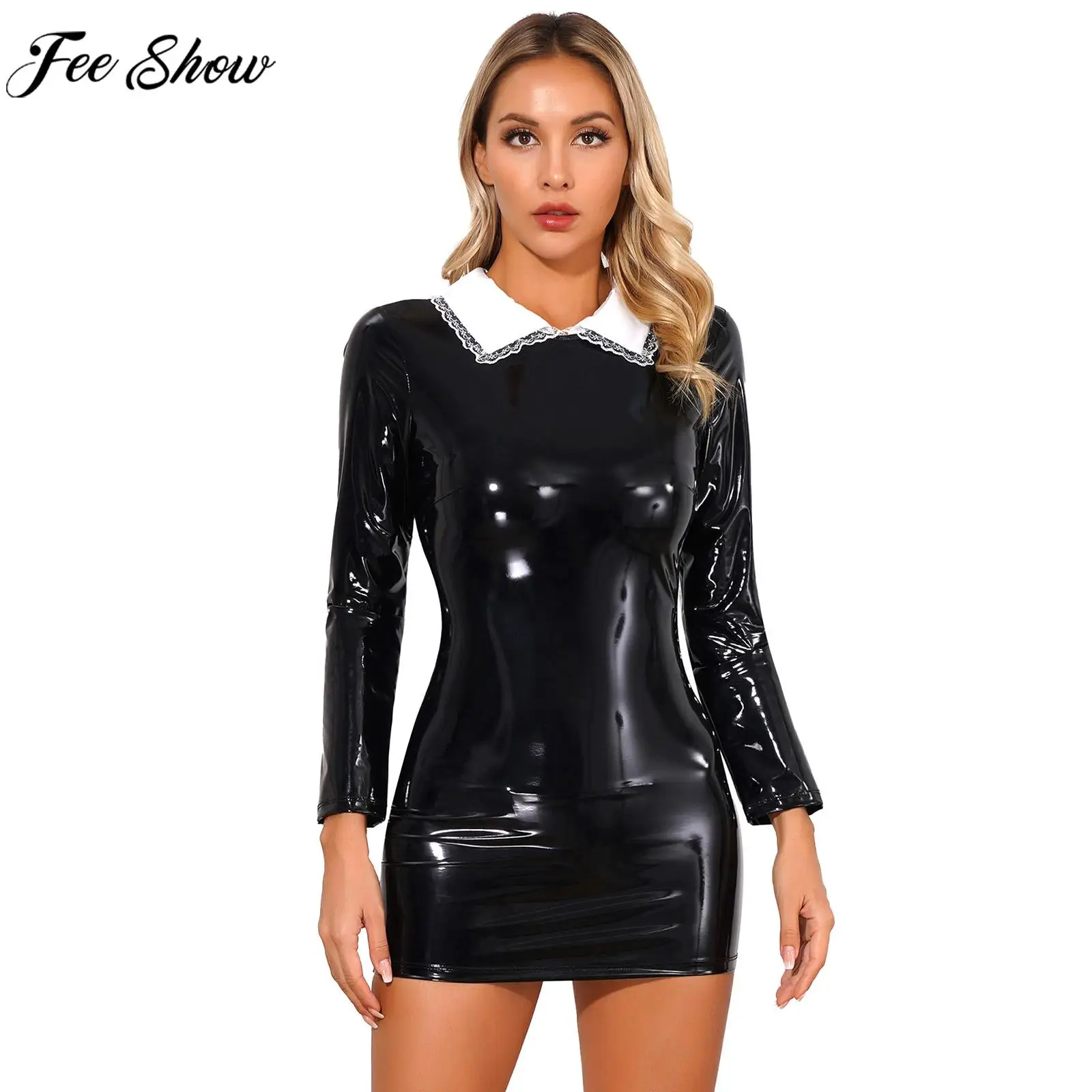 

Womens Wet Look Patent Leather Mini Dress Long Sleeve Lapel Zipper Glossy Bodycon Punk Dresses Pole Dancing Performance Clubwear