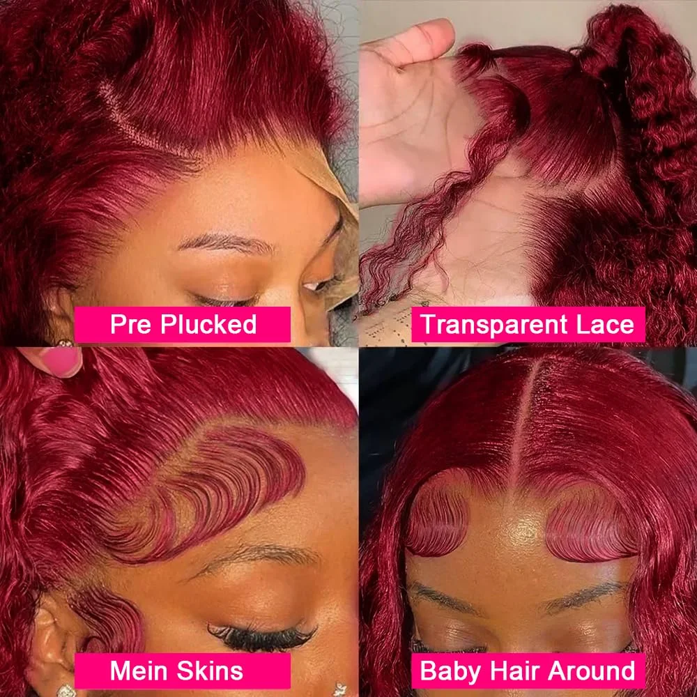 13x6 HD 99J بورجوندي موجة عميقة الدانتيل الجبهة الباروكات البرازيلي الأحمر اللون خصلات الشعر المستعار الإنسان قبل قطعها الدانتيل شعر مستعار أمامي للنساء #3