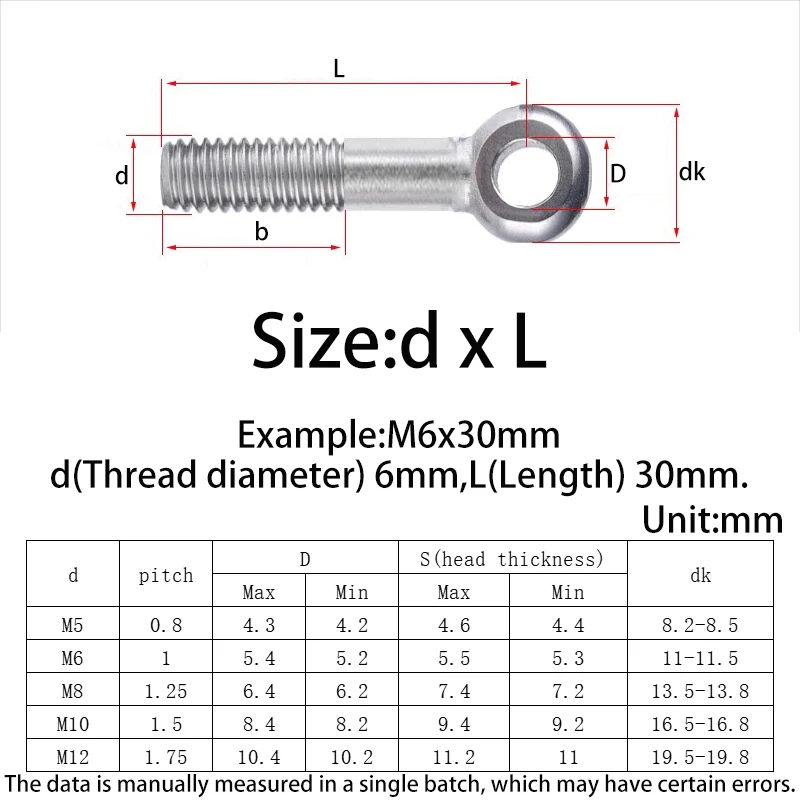 304 Stainless Steel Eye Bolt M5 M6 M8 M10 M12 Fisheye Eye Slip Hole Screw Stud Articulated Anchor Bolt Ring Link Bolts Fastener