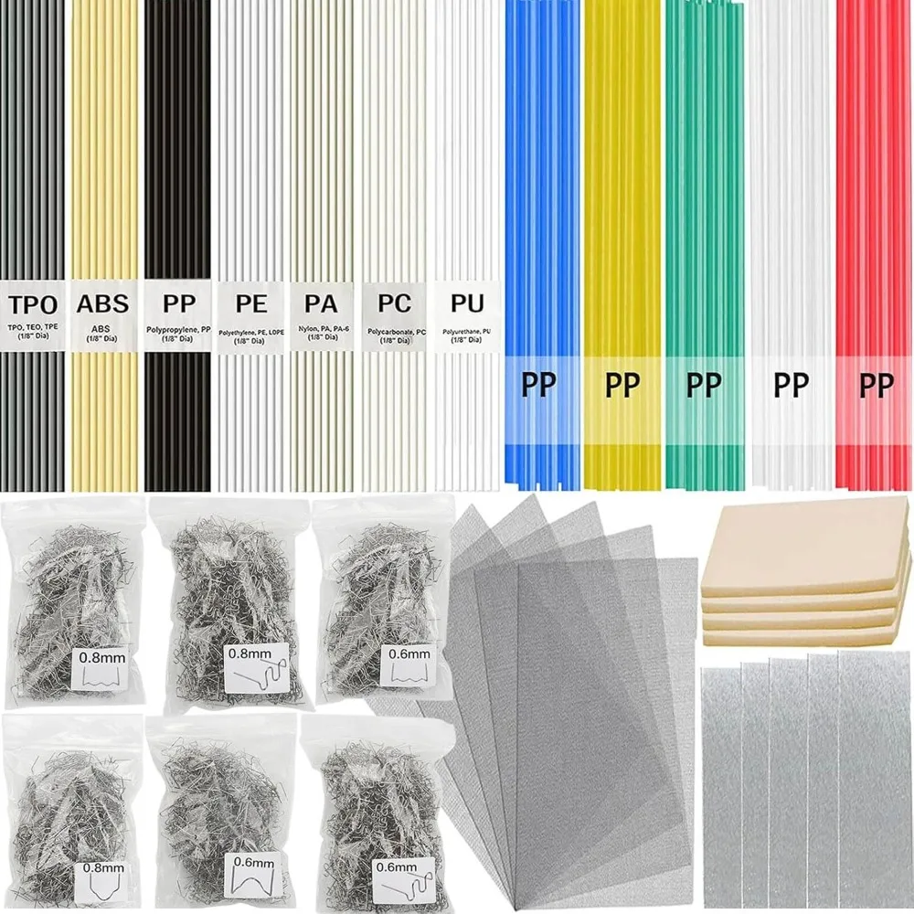 Kit de soldadura de plástico de 720 piezas: varillas de soldadura de 106 piezas, grapas de soldador de 600 piezas, malla de acero inoxidable de refuerzo de 5 piezas, 5 hojas de aluminio