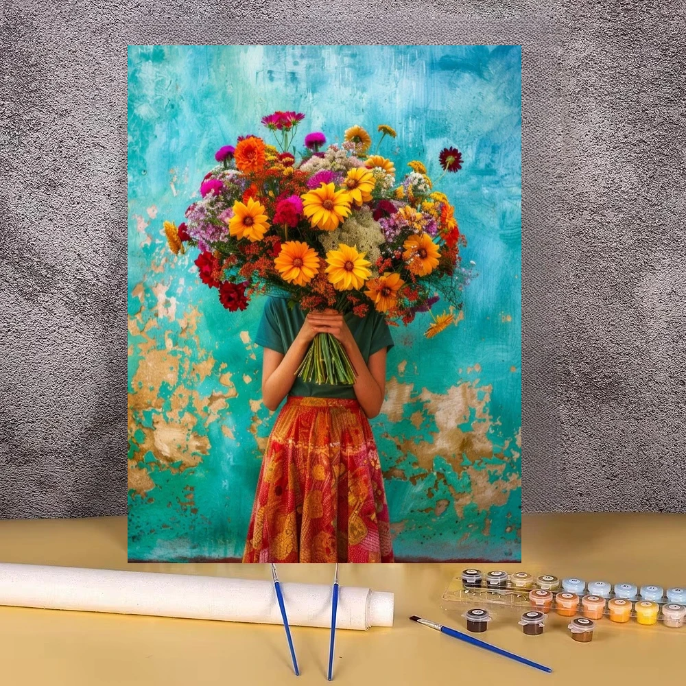 Impressionist Woman with Daisy Bouquet Oil Painting By Numbers Modern Wall Decor for Living Room Bedroom Perfect Gift No Frame