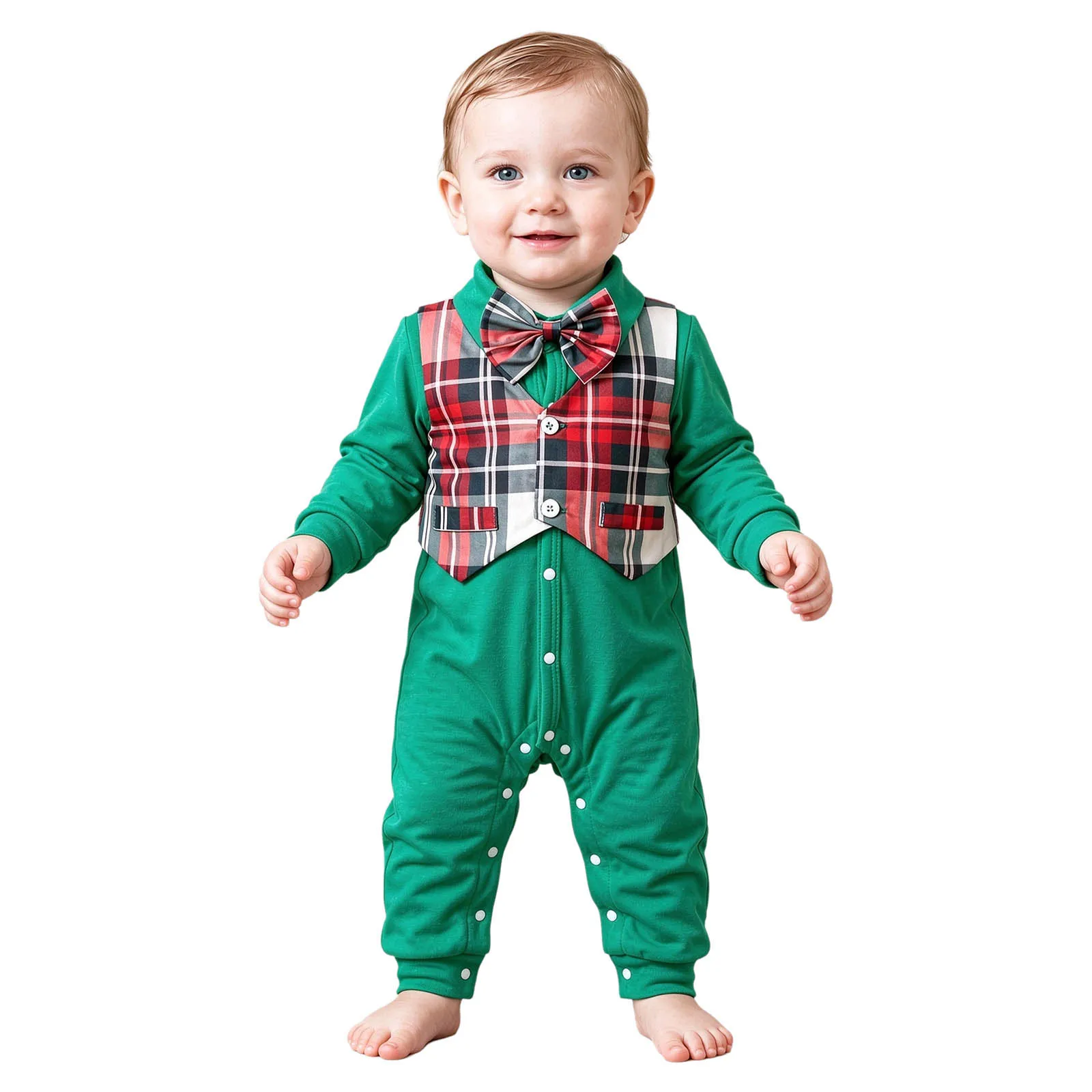 Toddler Baby Boys Christmas Plaid Rompers Bowtie Turn-down Collar Long Sleeve Press Button Jumpsuit Xmas Birthday Party Outfit