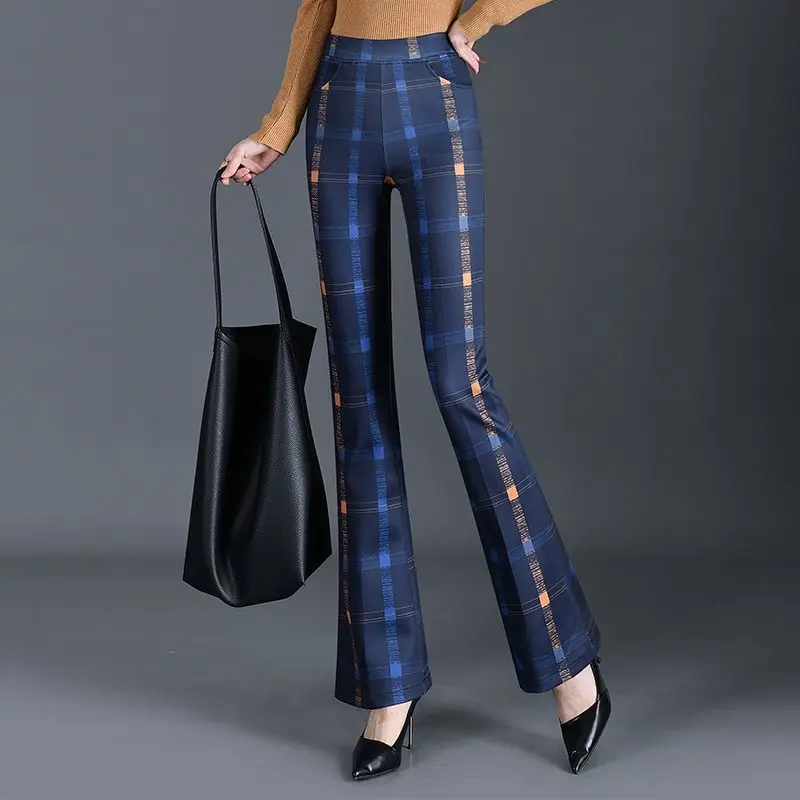 

Plaid Printing Micro-flared Pants Spring Fashion Trend Versatile New Thin Slim Elastic Slimming and Commuting Women's Trousers